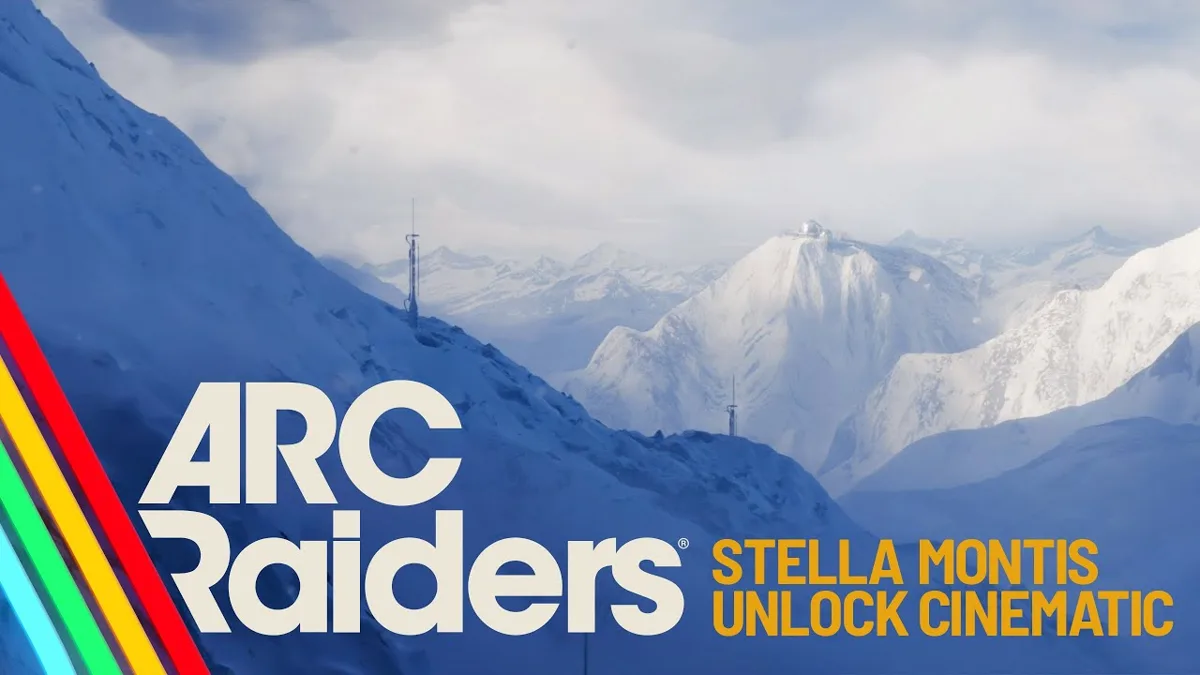 Official ARC Raiders video thumbnail titled Stella Montis Unlock Cinematic, showing snow-covered mountain peaks with antenna masts and a summit facility under cloud