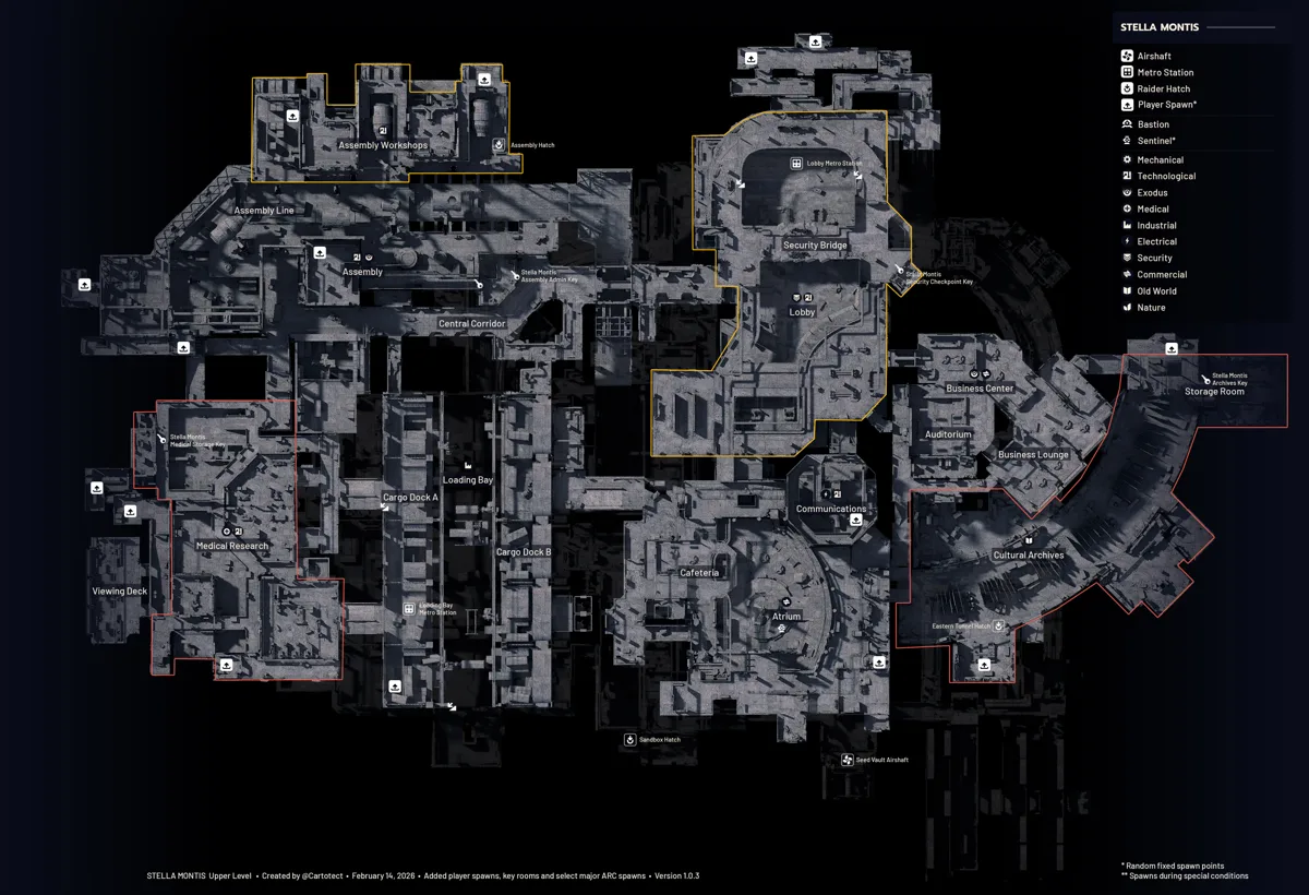 Community-made top-down map of the Stella Montis upper level marking areas such as Assembly Workshops, Lobby, Medical Research, Atrium and Cultural Archives, with Raider Hatch and player spawn icons
