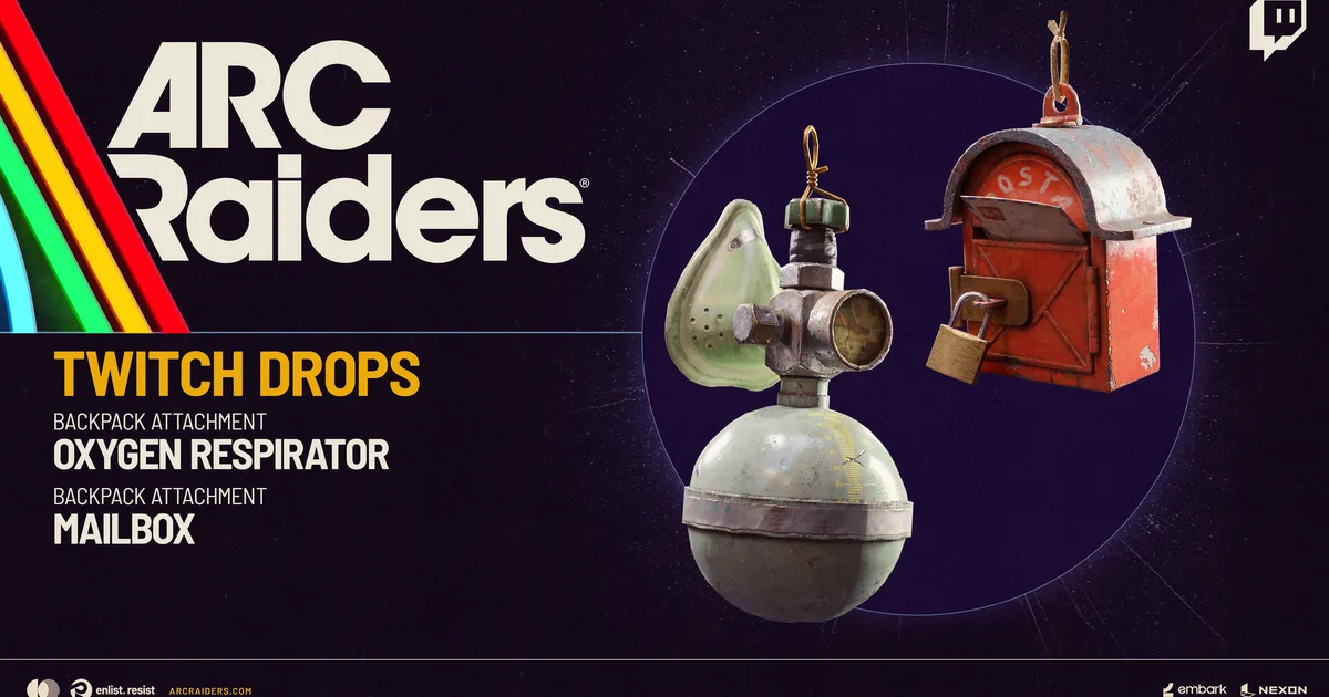 ARC Raiders Twitch Drops promo art showing the Oxygen Respirator and a red Mailbox backpack attachment beside the words Twitch Drops