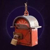 Mailbox backpack attachment card from the ARC Raiders Twitch Drops page, a red postbox with a padlock hanging from a hook