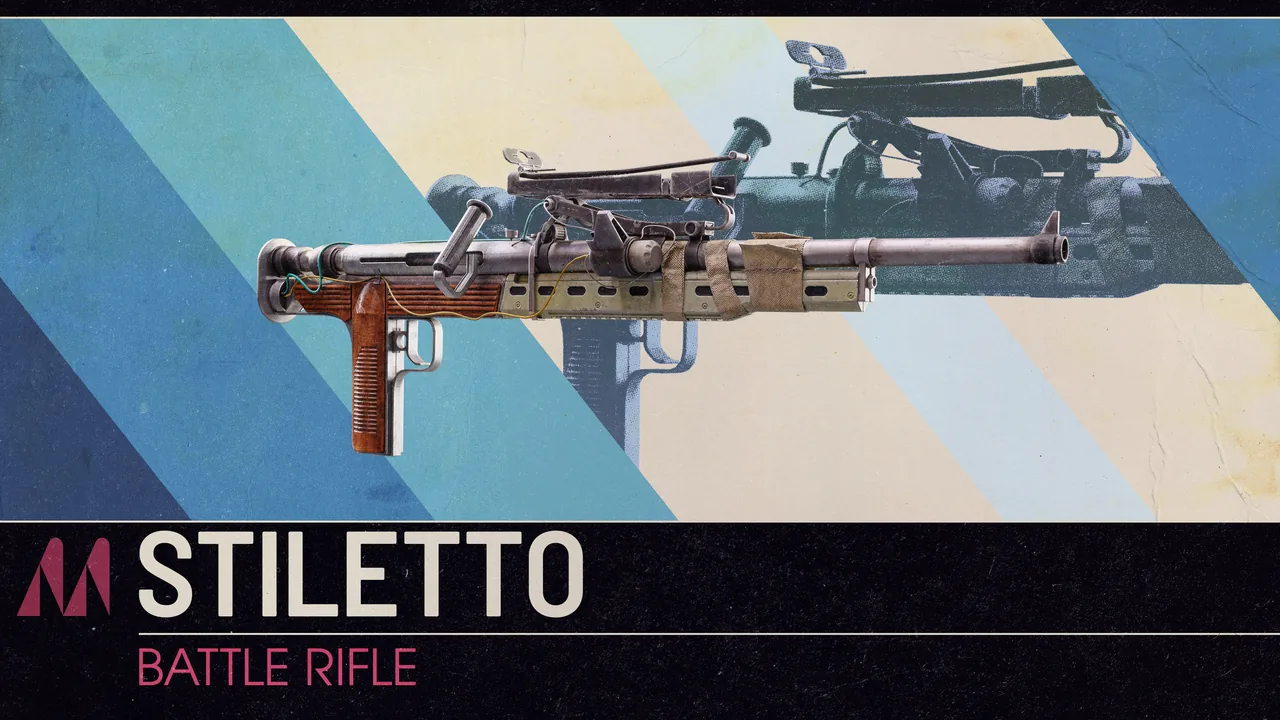 ARC Raiders Stiletto battle rifle shown on a striped blue and cream card with its name in large white letters