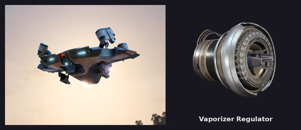 The Vaporizer, a flying ARC drone with four thruster pods, beside a render of the Vaporizer Regulator item