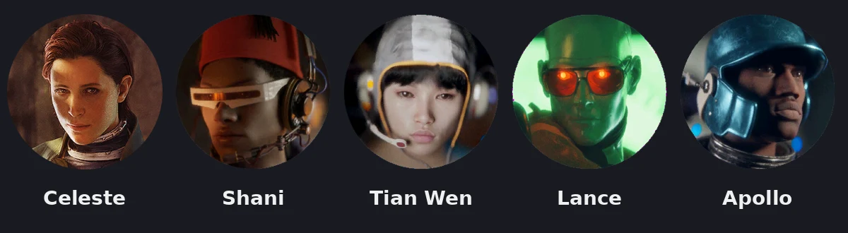 Wiki portraits of the five Speranza traders: Celeste, Shani, Tian Wen, Lance and Apollo
