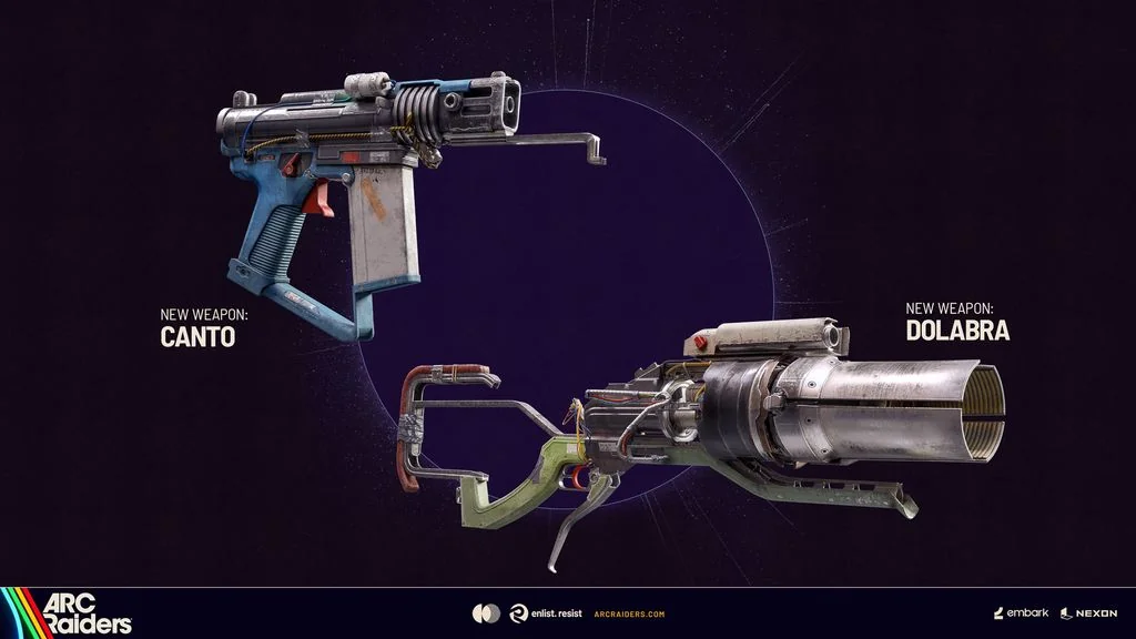 Official render of the Canto SMG and Dolabra energy shotgun from the ARC Raiders Flashpoint update, shown against a dark background