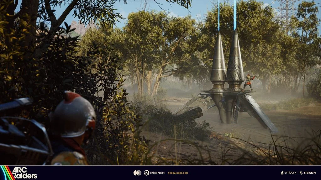 ARC Raiders raider crouching in dense foliage watching an enemy raider on an elevated ARC structure in hazy daylight