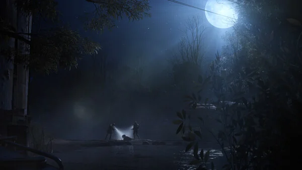 Two ARC Raiders players in a nighttime standoff under a full moon, mist and tree silhouettes framing the encounter