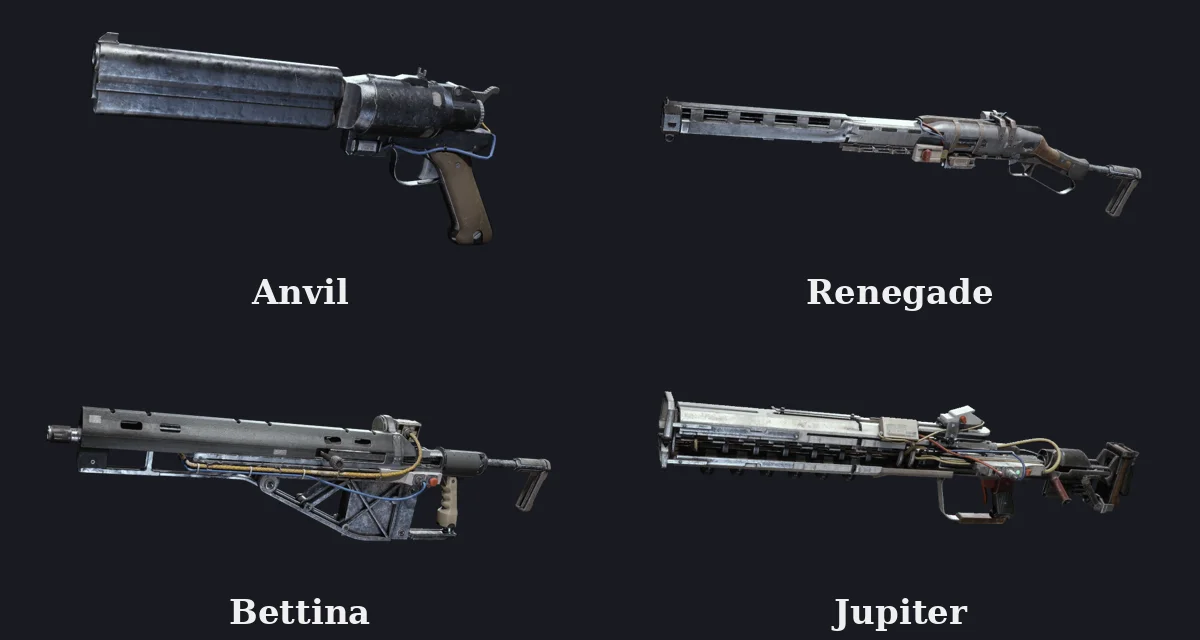 Wiki renders of the Anvil, Renegade, Bettina and Jupiter, our four S-tier weapons, on a dark background