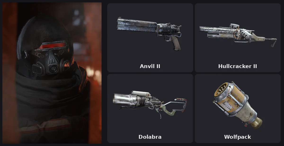Wiki portrait of the masked Nomadic Envoy Cassio beside renders of the Anvil II, Hullcracker II, Dolabra and Wolfpack from this week's offers