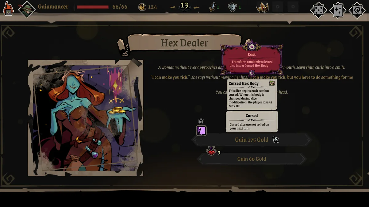 Archon Soul narrative event screen titled "Hex Dealer" showing a Cursed Hex Body die modifier and gold reward choices