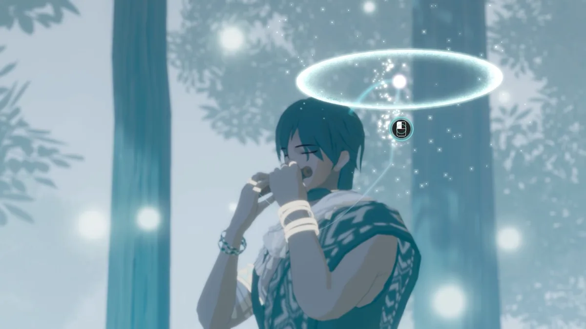 ARIE: Moonprayer anime exploration scene showing Diallo using Diqin instrument near ancient ruins on flooded Cerul Island