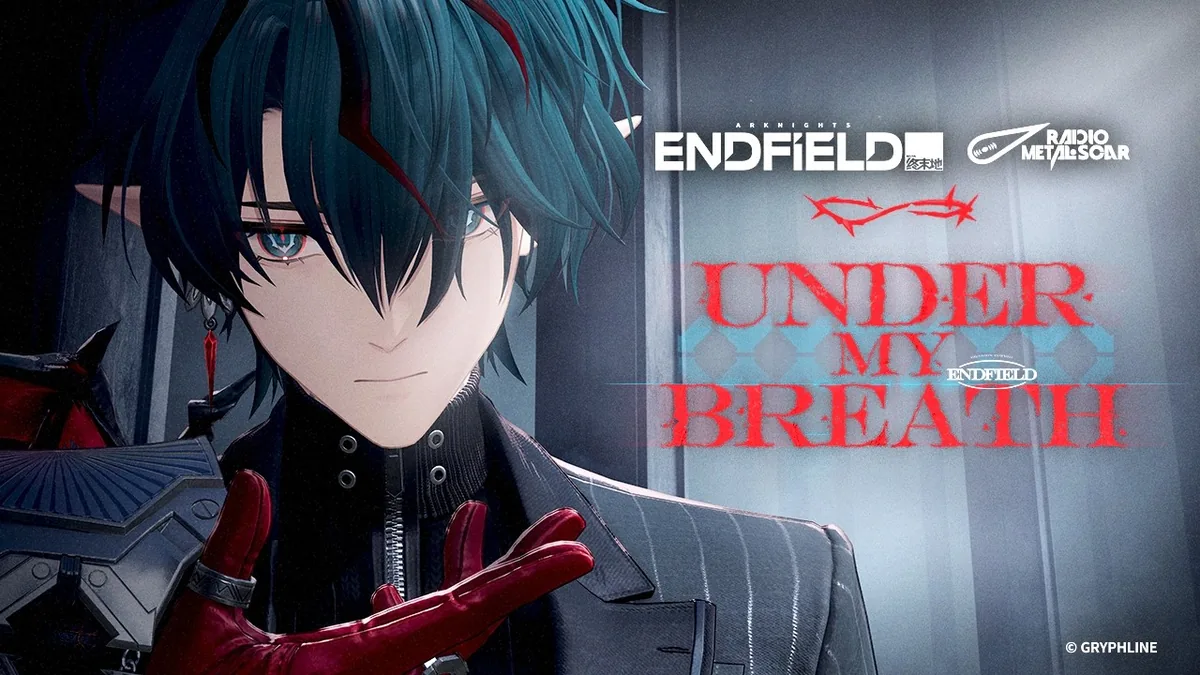 Camille, an Arknights Endfield operator with teal hair and red gloves, from her official Under My Breath music video