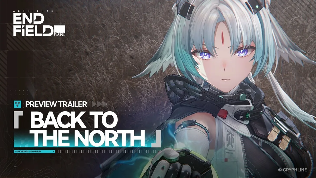 Arknights Endfield key art from the Back to the North preview trailer, showing an armored operator against a windswept grassland backdrop