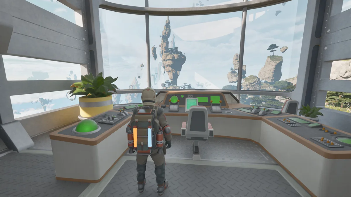 Vagabond with orange and blue backpack gauges stands at an airship bridge console with a pilot seat, facing floating rock spires