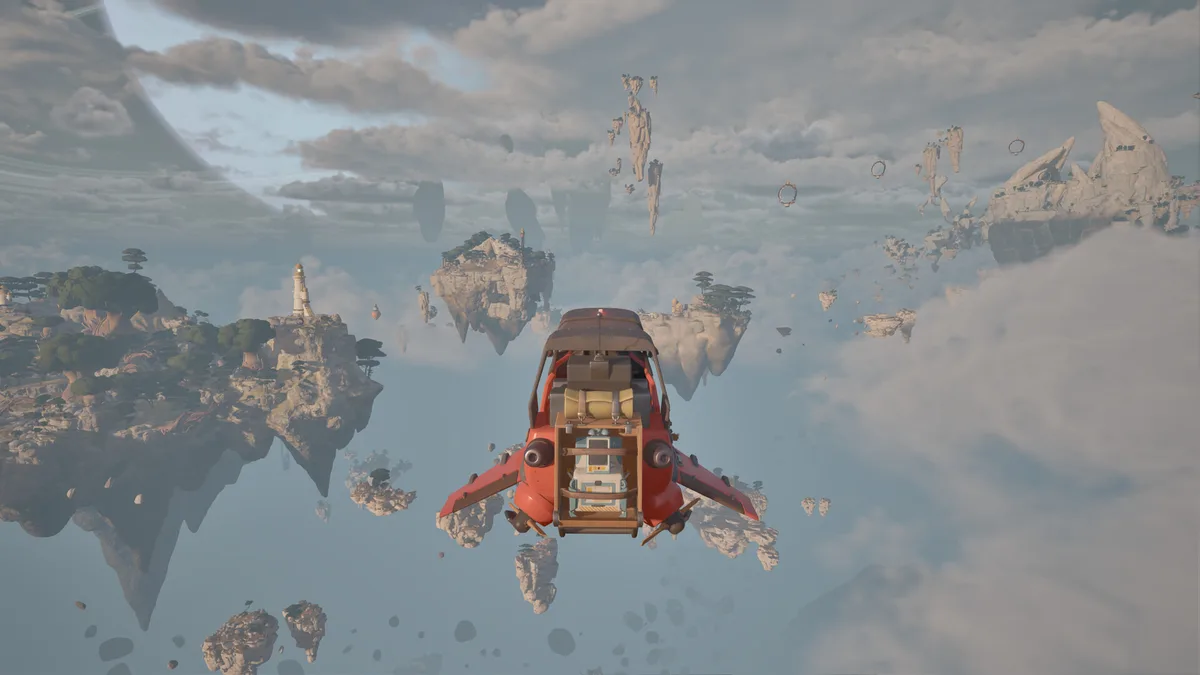 Red Wasp loaded with crates flies away from the camera between floating rock islands above the clouds