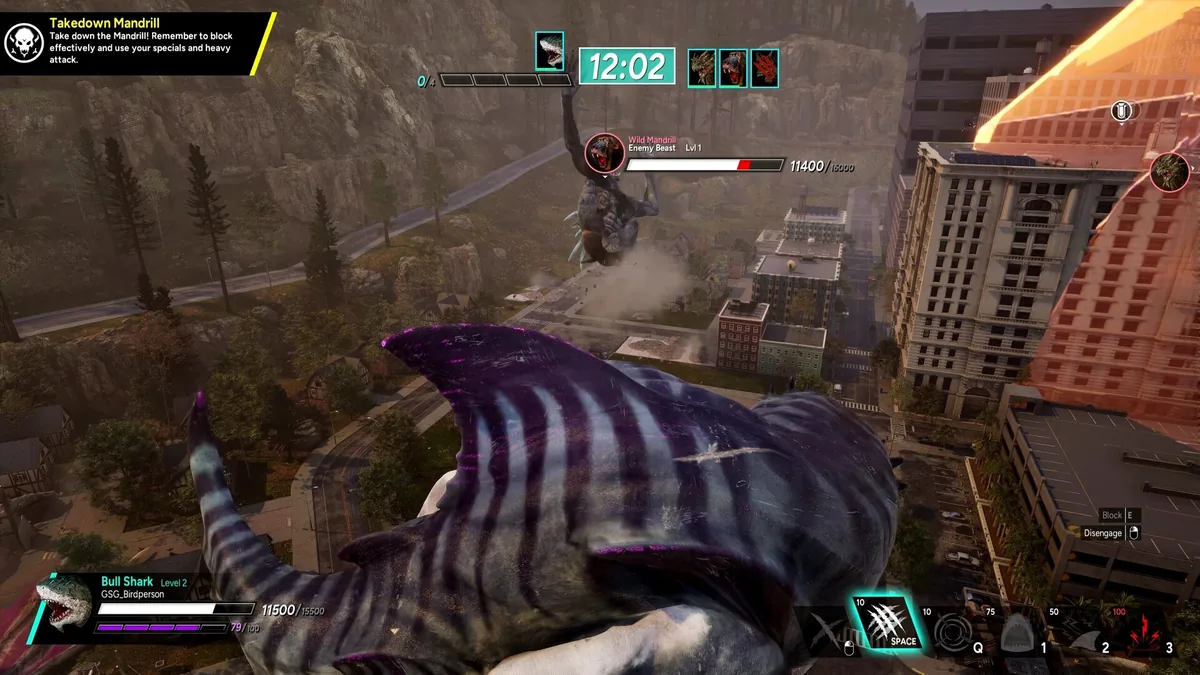 First-person combat UI showing a player-controlled Bull Shark Beast fighting a Wild Mandrill enemy Beast over a ruined city, with a 12-minute match timer and health bars for both Beasts