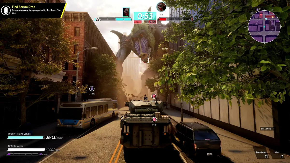 A Mandrill Beast looming over a city street as a player rides in an Infantry Fighting Vehicle with 28,498 HP remaining, a Find Serum Drop objective, and Stryker Cannon and Minigun weapon options visible
