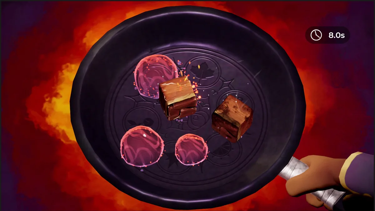 Beastro cooking mini-game showing a sizzling pan with meat cubes and round ingredients over an intense fire, an 8.0 second timer visible top right
