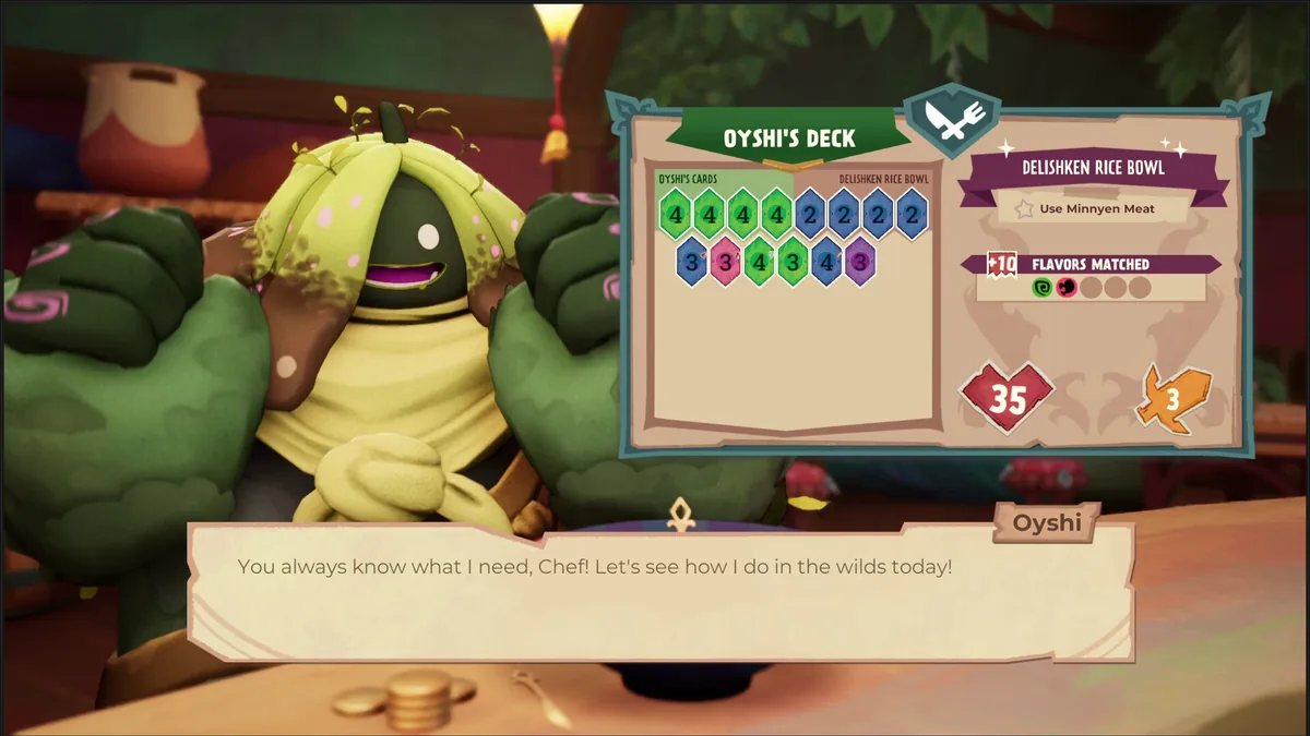 Beastro deck-building screen showing Oyshi's Deck with numbered flavor cards, a Delishken Rice Bowl dish card, and dialogue reading "Let's see how I do in the wilds today"