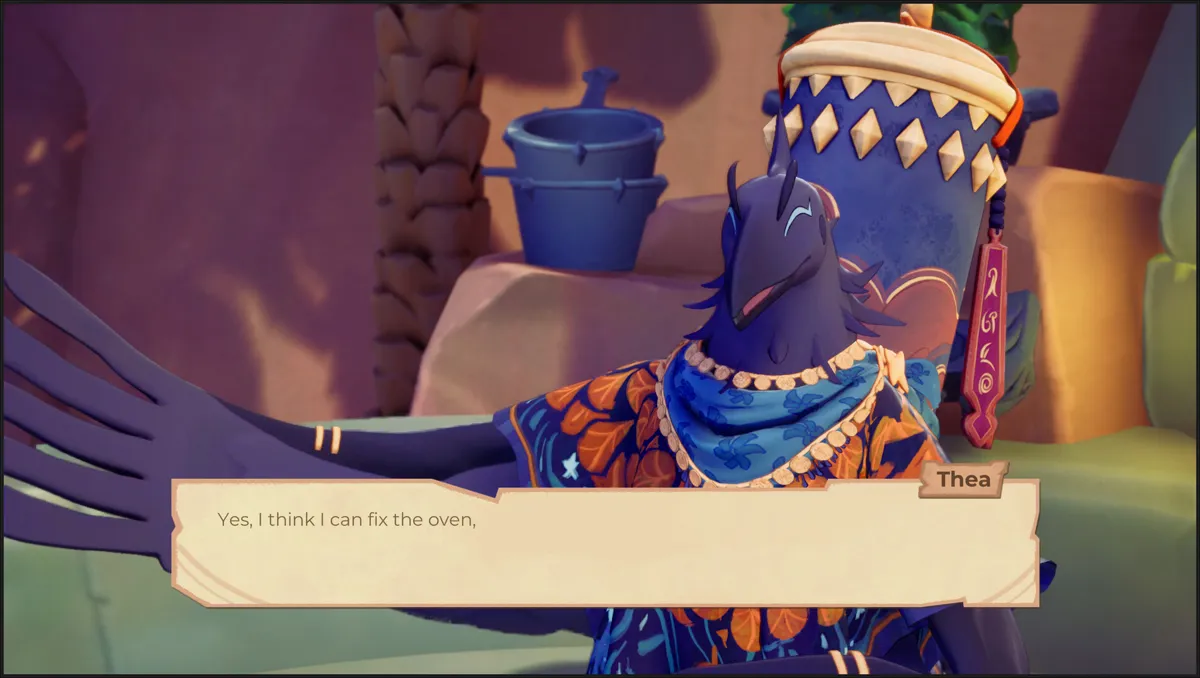 Thea, a dark-feathered bird character in a blue floral shawl, saying "Yes, I think I can fix the oven" in a Beastro dialogue box