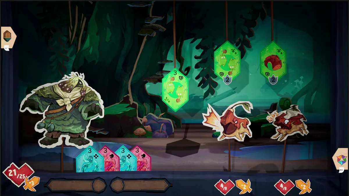 Beastro puppet theater combat scene showing a Caretaker's flavor-coded hand of cards spread against a monster encounter across a dimly lit stage