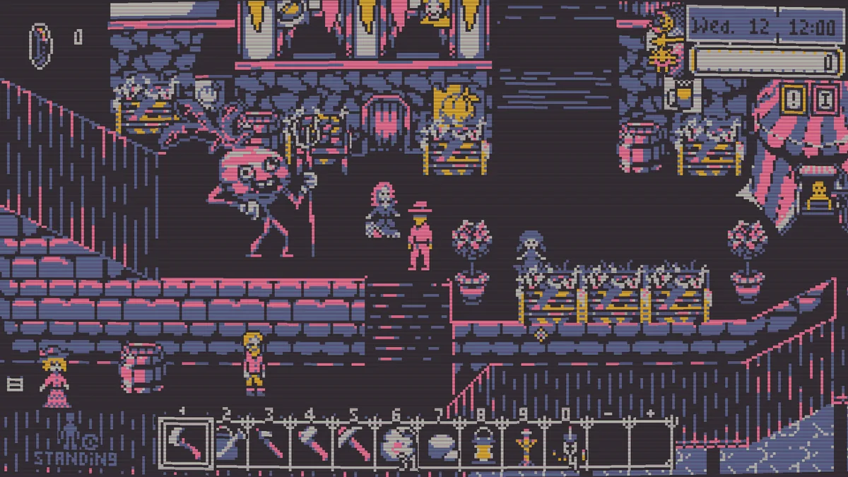 Besmirch pixel art farming scene — crops growing in rows beside the village path at golden hour