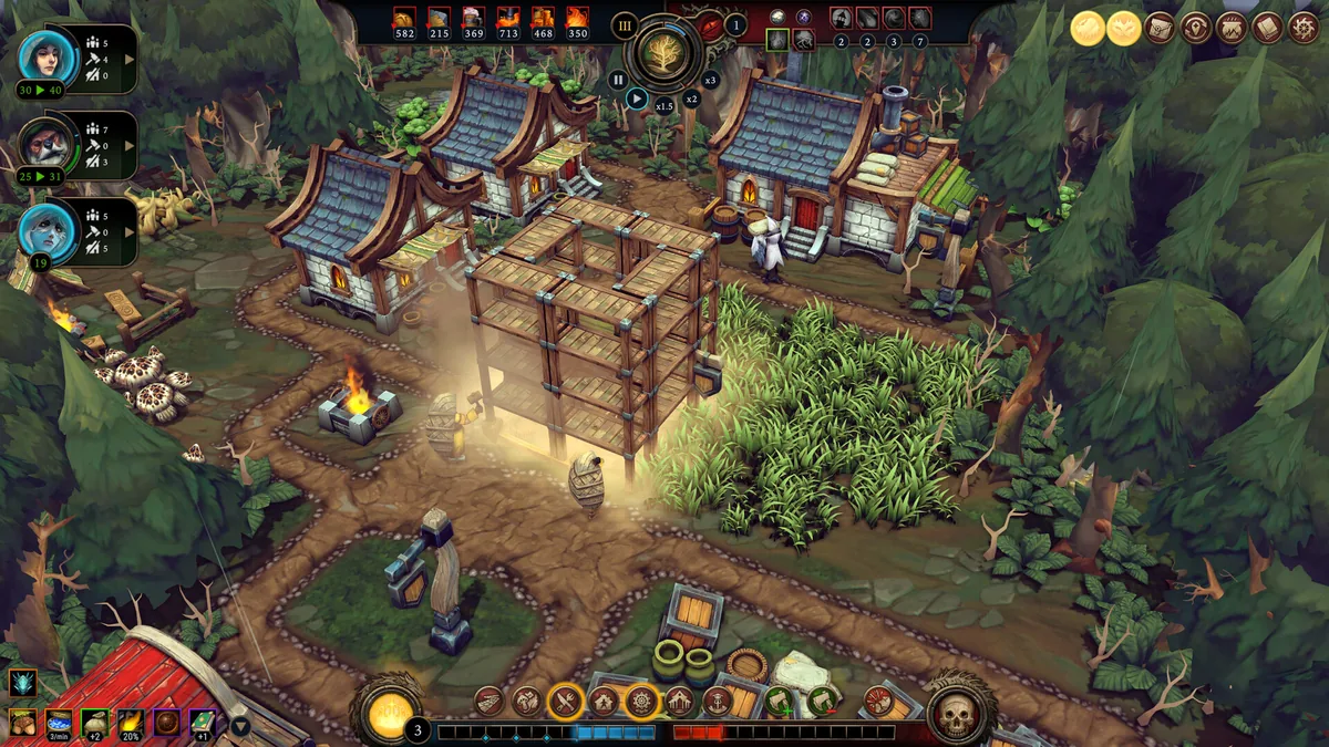An Against the Storm forest settlement mid-build, with a wooden support frame under construction beside finished blue-roofed buildings and a resource HUD showing wood, food, and other stockpiles