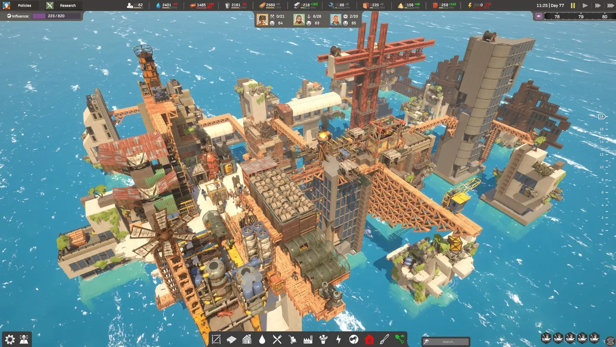 An ALL WILL FALL ocean city under construction, with a red steel support tower rising beside rusted industrial platforms connected by wooden walkways over open water