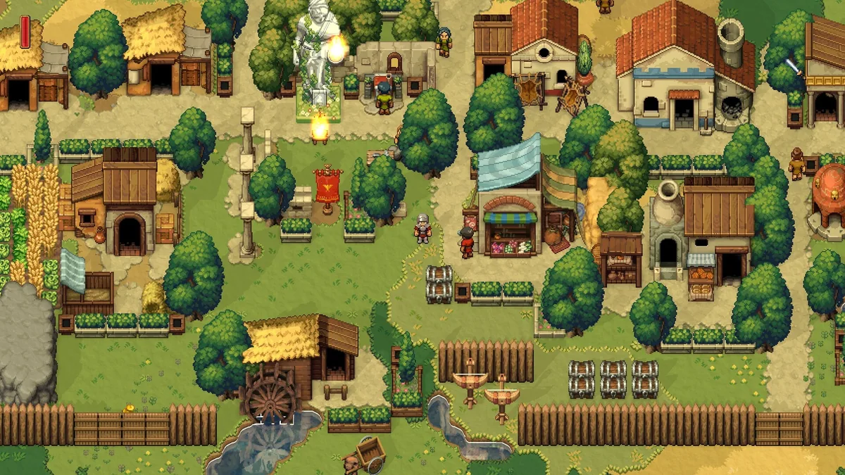 Romestead day scene with three players visible at production buildings: Blacksmith, Farmstead, and Leatherworker near stone wall during daytime build phase