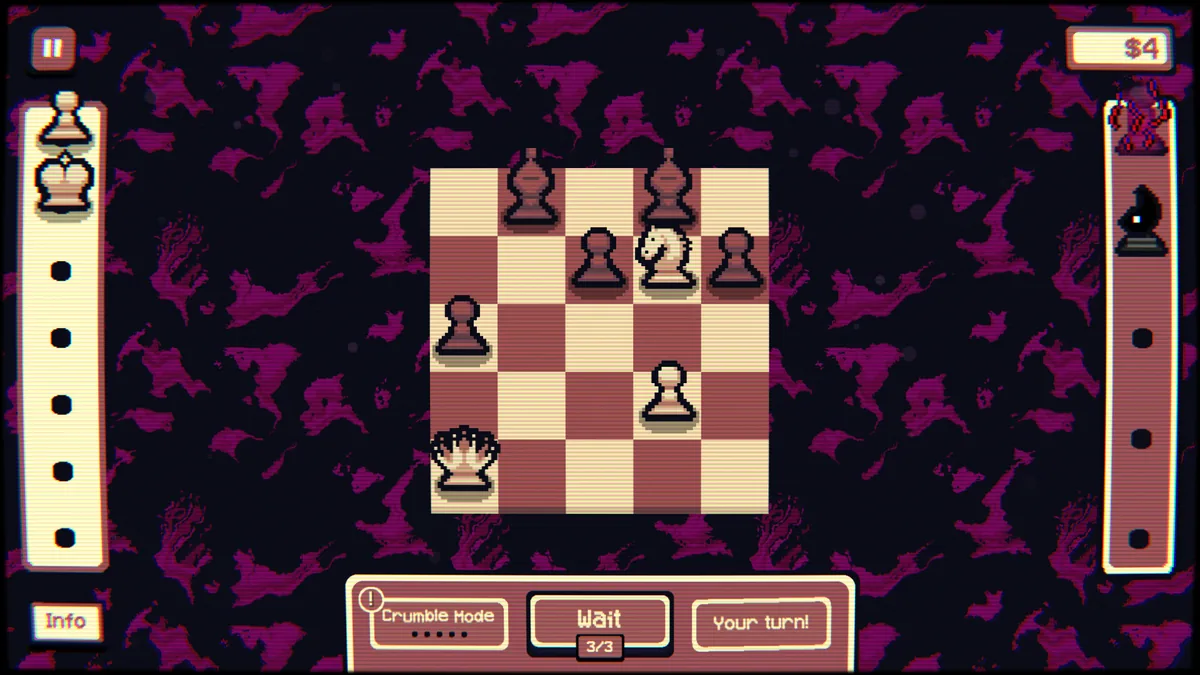 Gambonanza mid-game board showing chess pieces arranged across procedurally generated tiles with active combo chains highlighted in gold