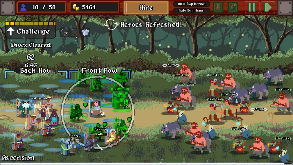 LegionBound class selection screen with multiple heroes arranged by synergy type before an Adventure Mode dungeon run