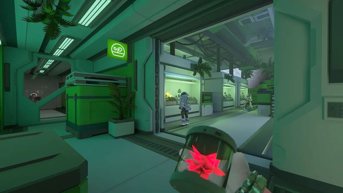LOCKDOWN Protocol first-person view of a green-lit facility corridor with plant grow-pods, a crewmate visible ahead, and a glowing red device held in hand