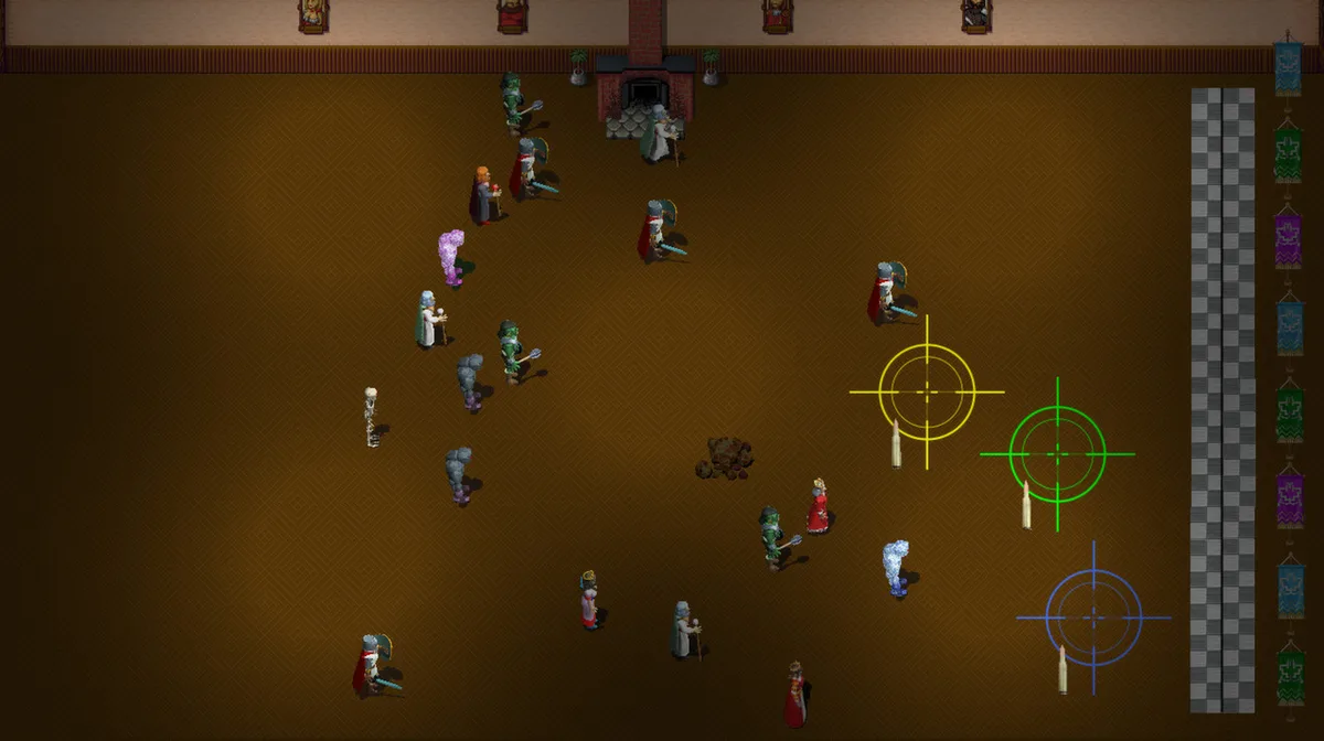 Hidden in Plain Sight top-down view of a medieval great hall crowded with nearly identical costumed characters, with colored crosshair reticles targeting specific figures
