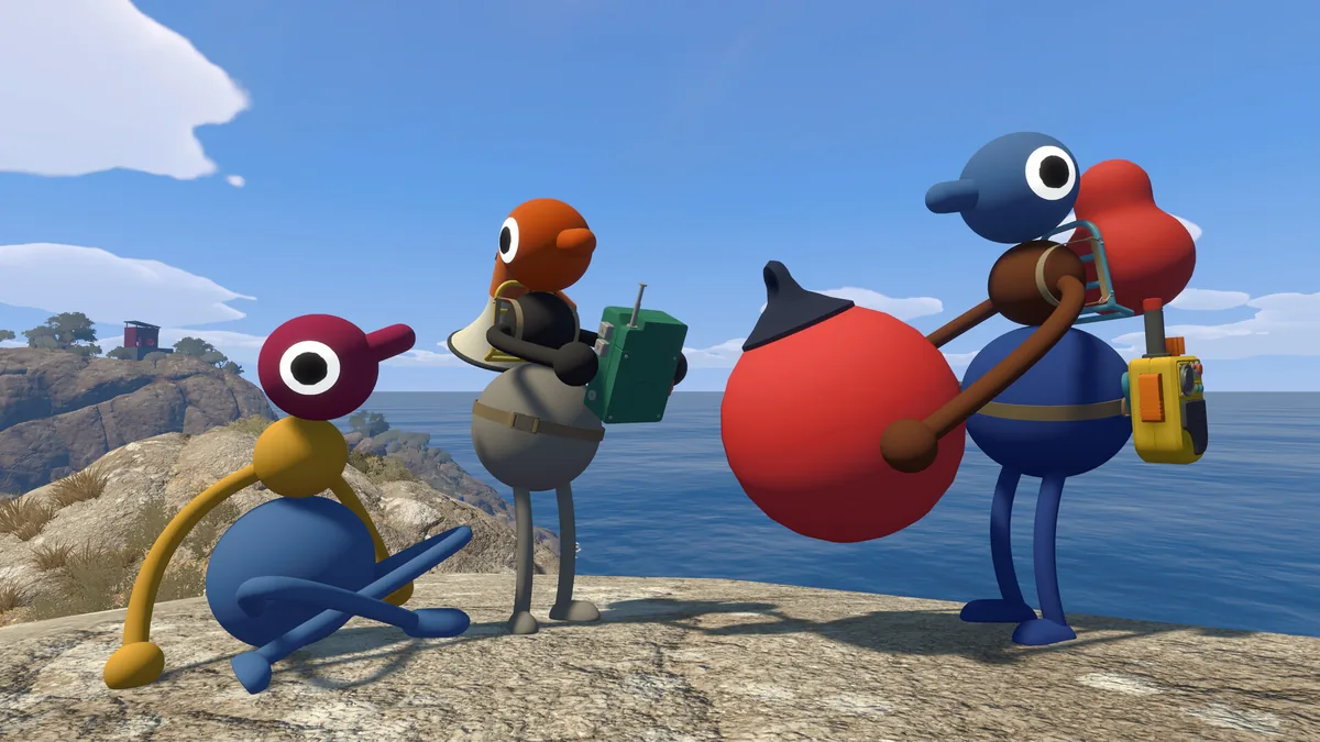 Three characters standing on a coastal cliff edge, one wearing a green backpack and another carrying a yellow walkie-talkie on their hip
