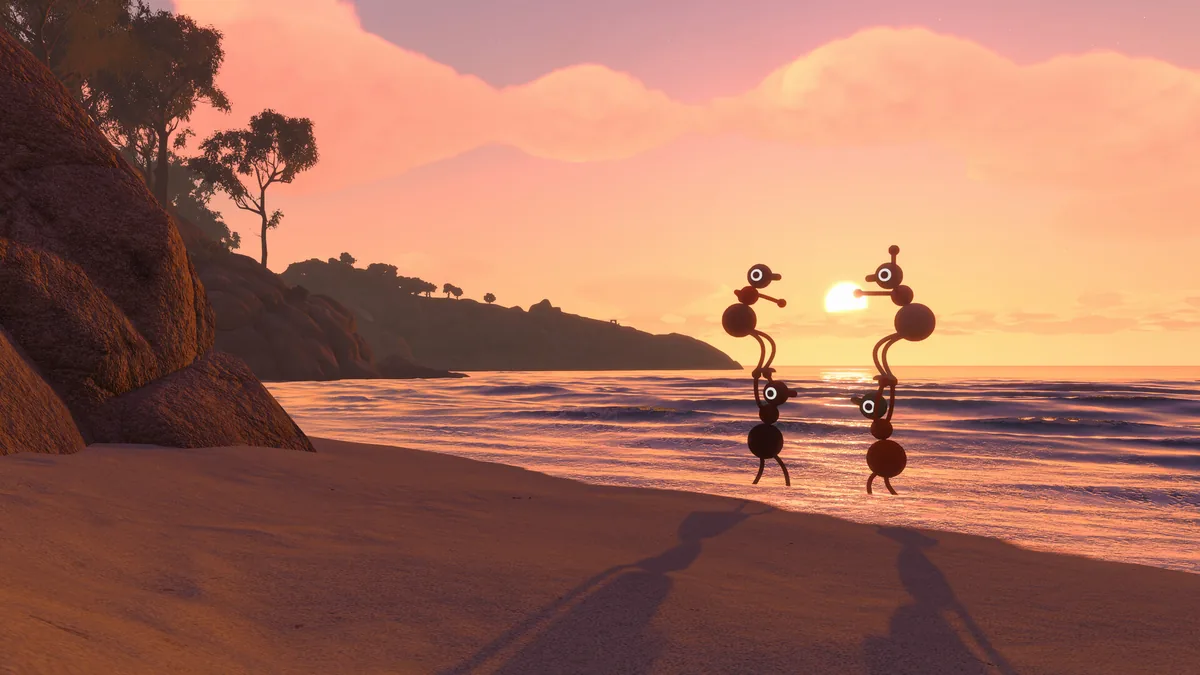 Four characters exploring a golden grassland with a pair of binoculars visible in the foreground and a blue spiral tower structure in the distance