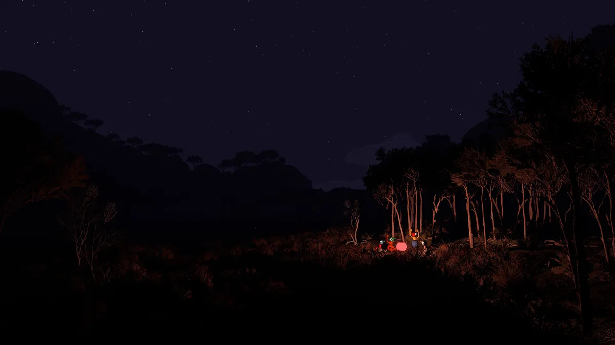 Several small googly-eyed Big Walk characters gathered around a glowing pink light in a dark forest under a starry night sky