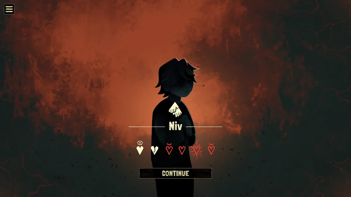 Black Jacket relationship screen showing Niv's affinity hearts and a Continue prompt against a red, blood-veined background