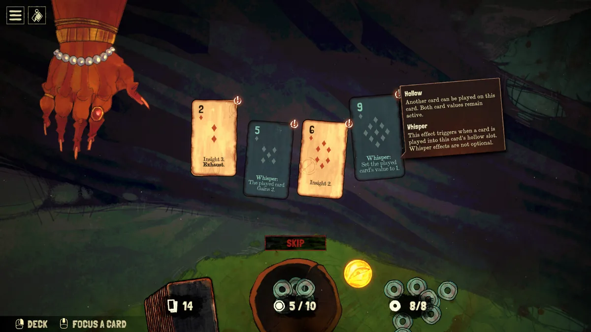 Black Jacket Whisper card mechanic with a demonic hand reaching toward the card row, explaining how Hollow and Whisper effects trigger