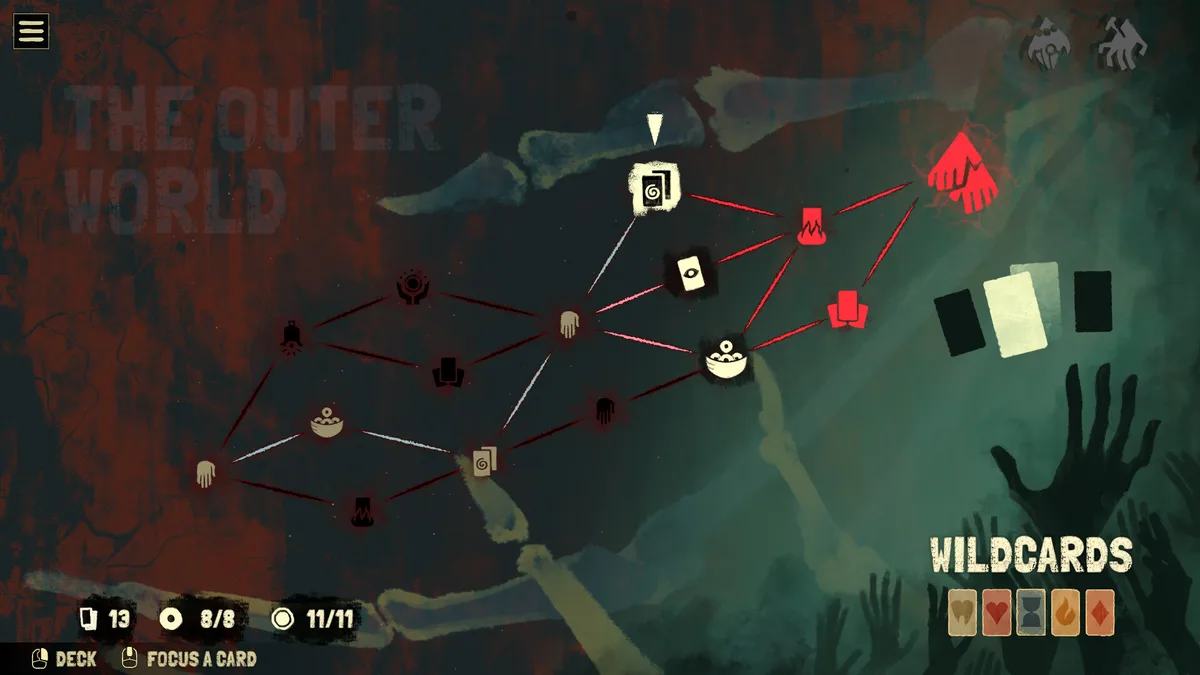 Black Jacket encounter screen showing player hand with Diamond suit cards against a mid-difficulty demon opponent in hell-themed underground casino setting