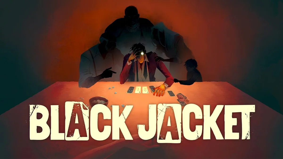 Black Jacket official launch key art showing the protagonist at a hellish blackjack table with demonic figures looming overhead