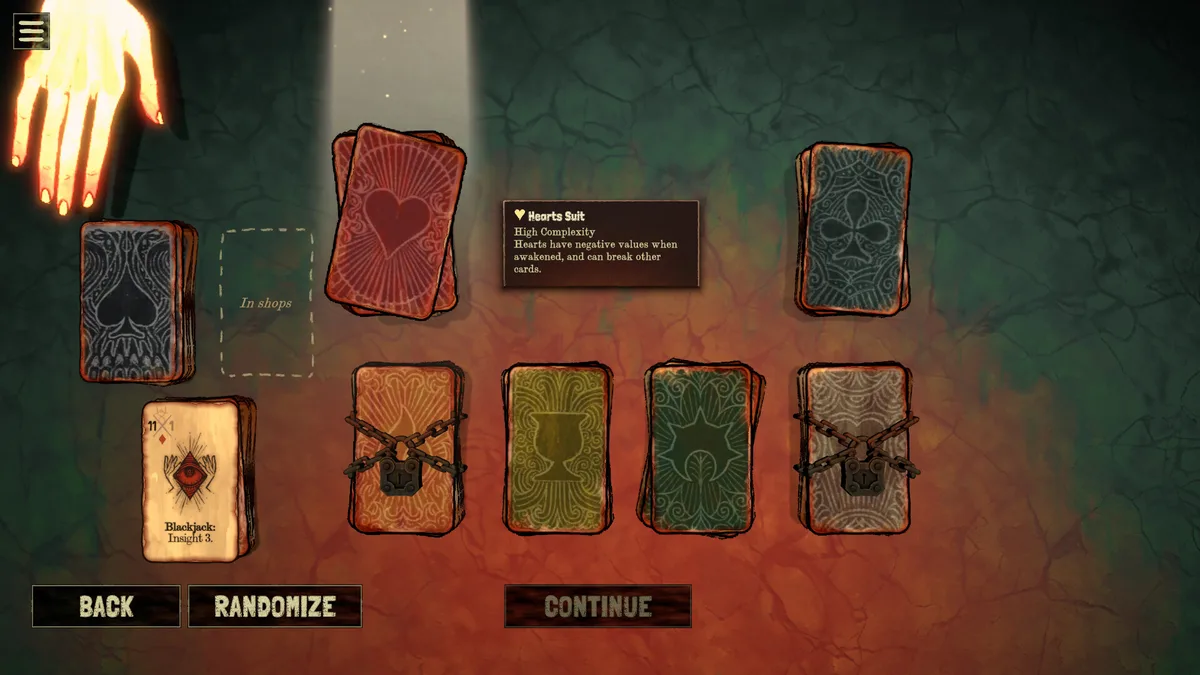 Black Jacket suit selection screen with the Hearts suit description visible, several suit decks shown and two locked behind chains