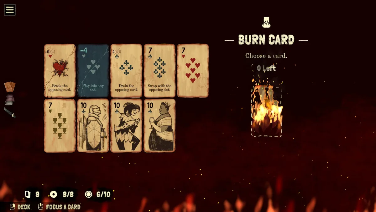 Black Jacket Burn Card prompt with the player's hand of suit cards and their abilities listed across the table and a single card engulfed in flames on the right