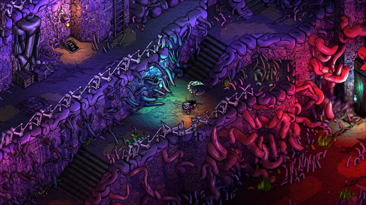 Blighted gameplay screenshot showing character moving through a decaying environment with blight effects
