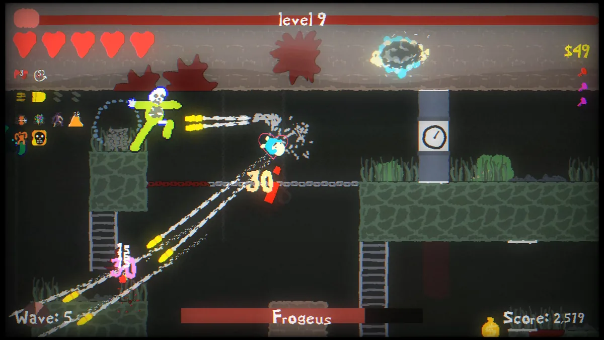 A green skeletal enemy firing bullets at a small blue player character mid-air, with a boss health bar labeled Frogeus visible at the bottom of the screen