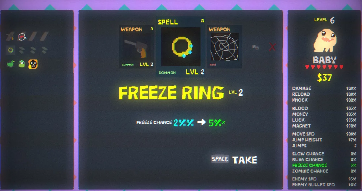 An in-run upgrade selection screen offering a choice between two weapons and a Freeze Ring spell, with a character's full stat sheet listed on the right