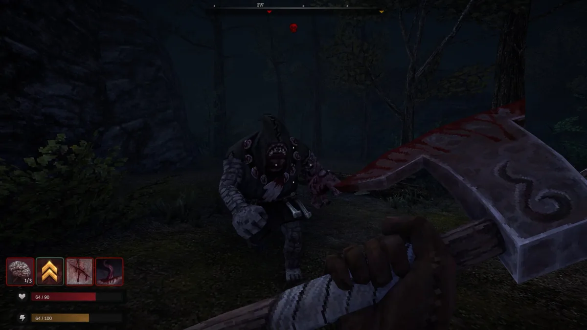 A demonic creature charges aggressively through a dark forest in Blood West, axe raised mid-attack