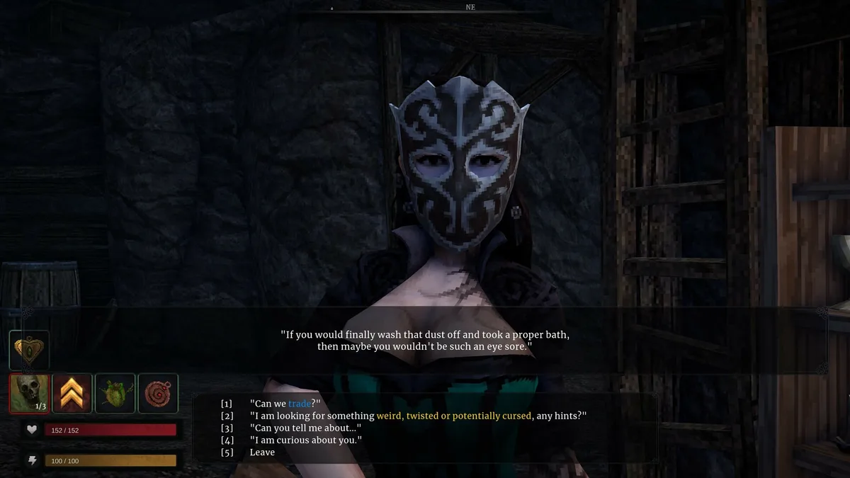 Blood West trader NPC wearing an ornate mask with dialog options including trading for cursed or twisted items