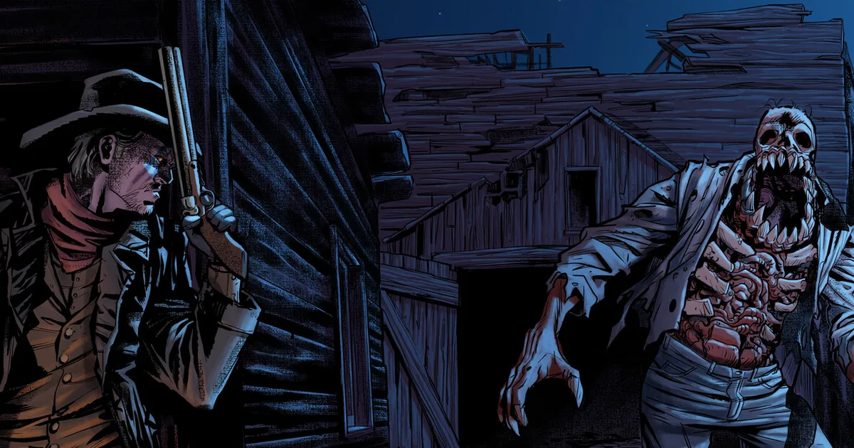 Blood West Scavengers DLC screen showing a low-poly undead gunslinger in a gore-lit canyon at dusk