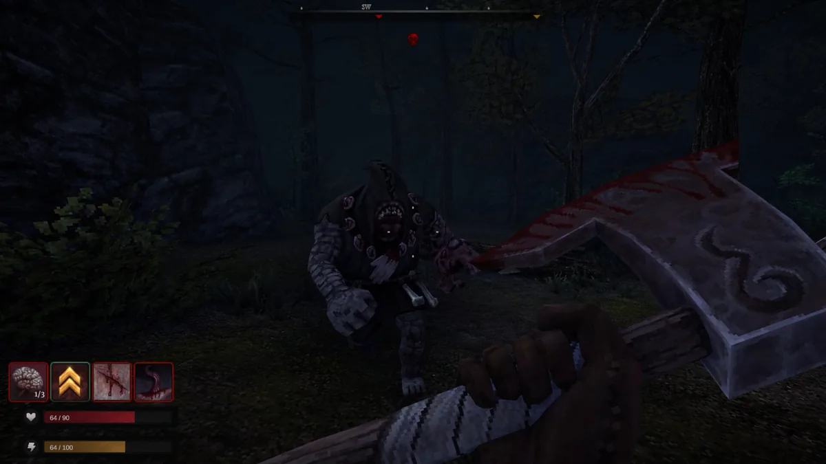 Blood West first-person melee combat with a bloodied heavy weapon raised against a large mutated forest enemy