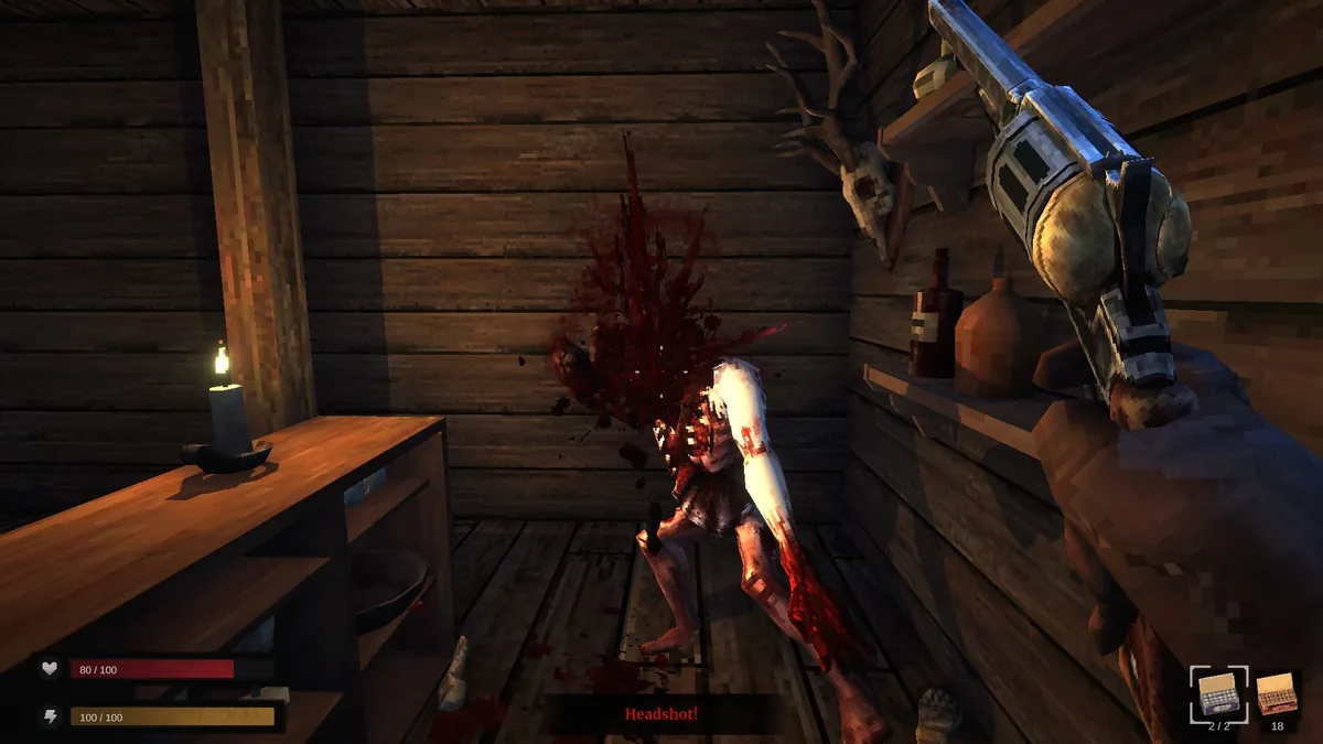 Blood West first-person shotgun combat showing a headshot hit against an enemy in a dimly lit wooden room