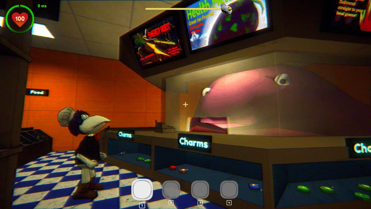 A beaked puppet in a cap at a shop counter labelled Charms, a huge pink blobfish behind the glass